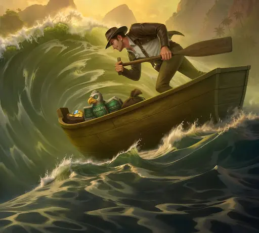Mutiger Abenteurer kämpft sich mit einem Ruder durch gewaltige Wellen, während er einen Schatz in seinem Boot schützt – Sinnbild für Entschlossenheit, Risikobereitschaft und neue Chancen nach der sankra registrierung